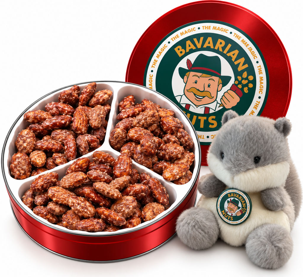 Cinnamon Roasted Almonds 18oz Gift Tin + Plush Squirrel | Vegan & Gluten-free | Magic Bavarian Nuts