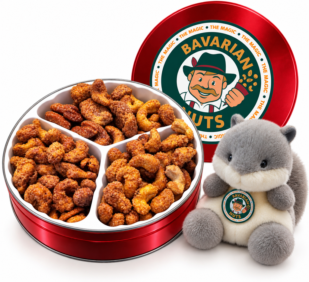 Cinnamon Roasted Cashews 18oz Gift Tin + Plush Squirrel | Vegan & Gluten-free | Magic Bavarian Nuts