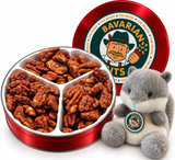 Cinnamon Roasted Pecans 18oz Gift Tin + Plush Squirrel | Vegan & Gluten Free | Magic Bavarian Nuts