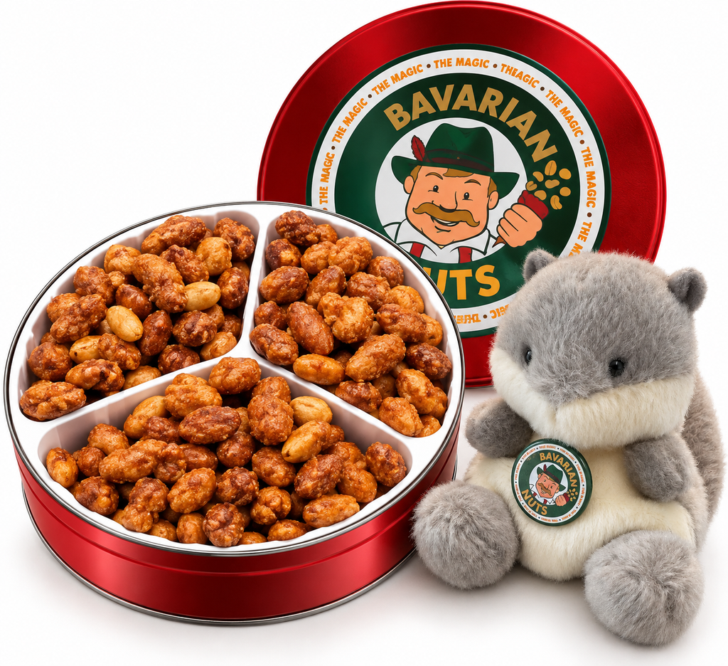 Cinnamon Roasted Peanuts 18oz Gift Tin + Plush Squirrel | Vegan & gluten-free | Magic Bavarian Nuts
