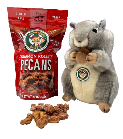 Cinnamon Roasted Pecans 18oz + Plush Squirrel Combo | Vegan & Gluten-free | Magic Bavarian Nuts