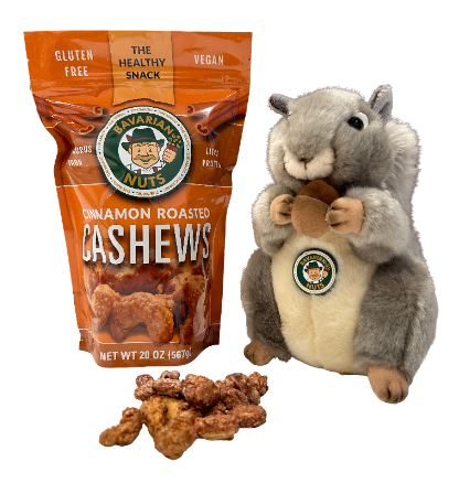Cinnamon Roasted Cashews 18oz + Plush Squirrel Combo | Vegan & Gluten-free | Magic Bavarian Nuts
