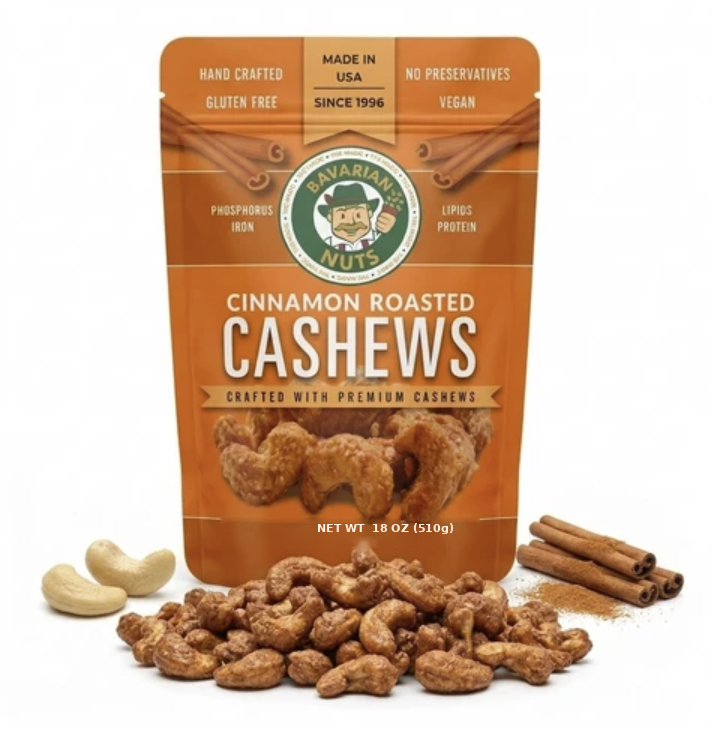 Cinnamon Roasted Cashews, 18oz. | Gluten-free & Vegan | Magic Bavarian Nuts